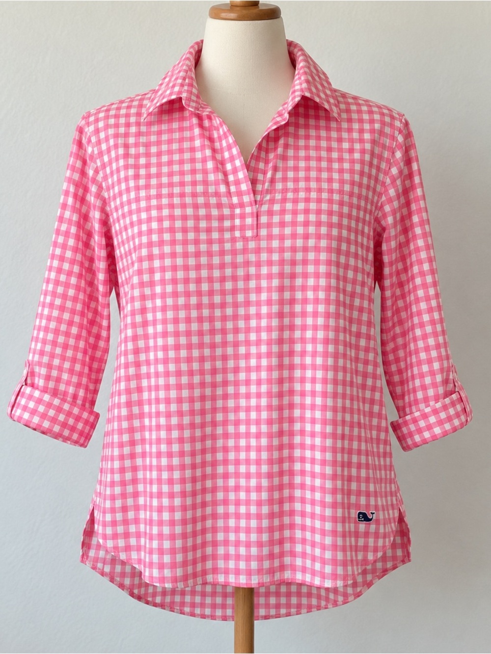 NWT Vineyard Vines Performance Gingham Popover Top Pink White Medium Adult $80